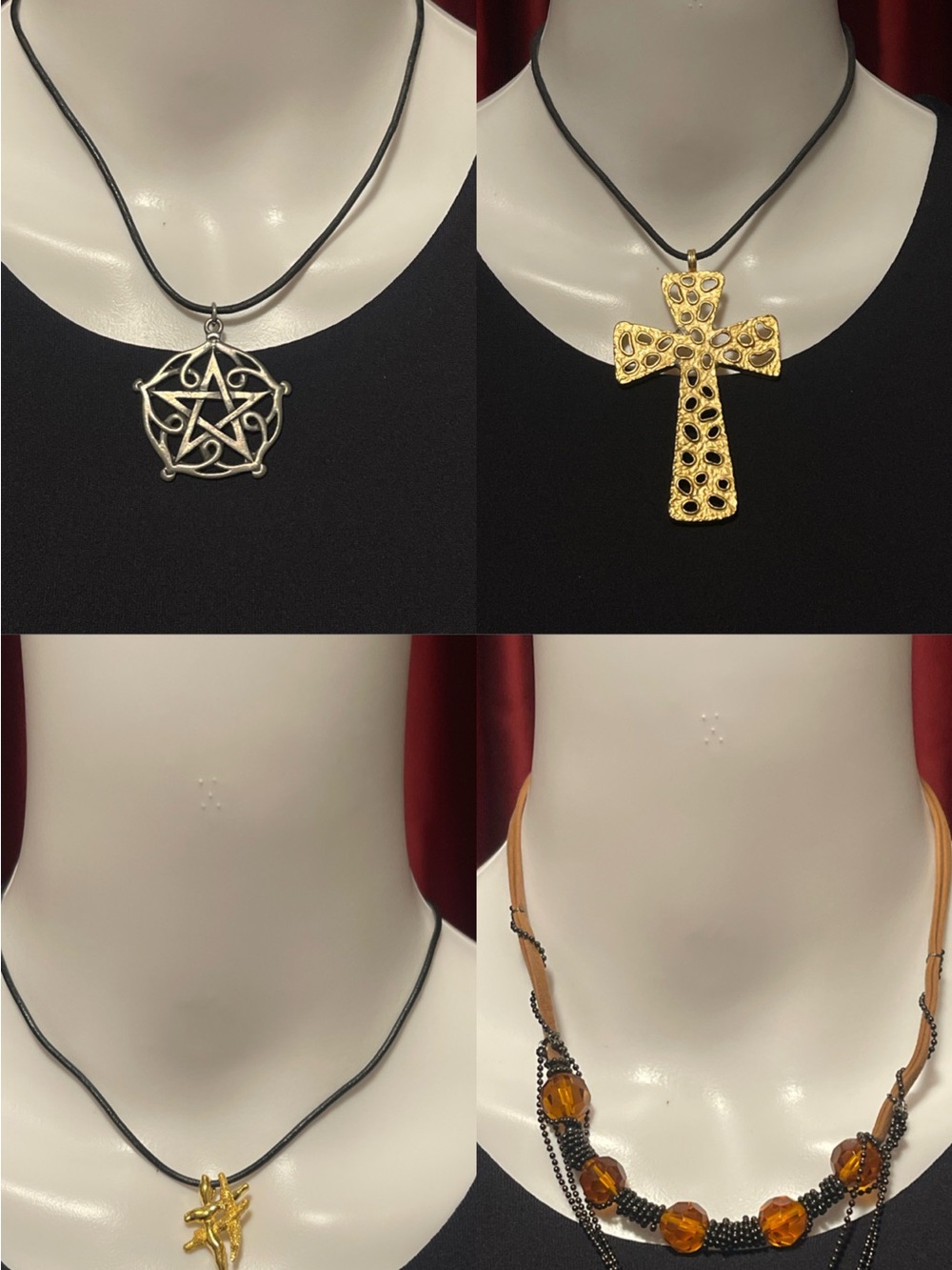 Mixed Vintage Women’s Jewelry Set - Gold & Silver Pendants & Amber Bead Necklace